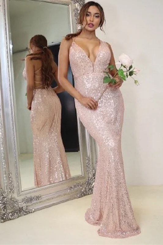 ready-to-wear prom dressesSequined V-Neck Lace-Up  Mermaid Long Formal Prom Dress