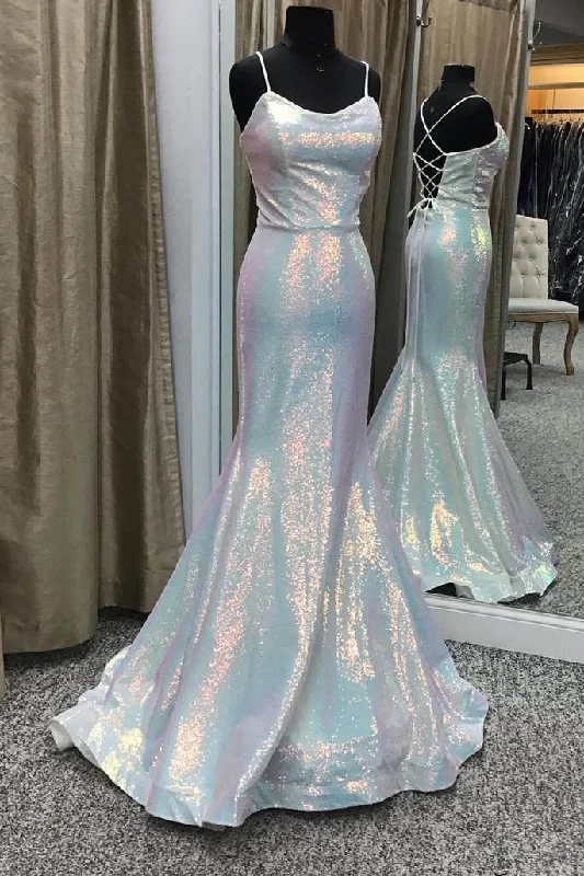 off-the-shoulder prom dressesSilver Multi Sequin Lace-Up Mermaid Long Prom Dress