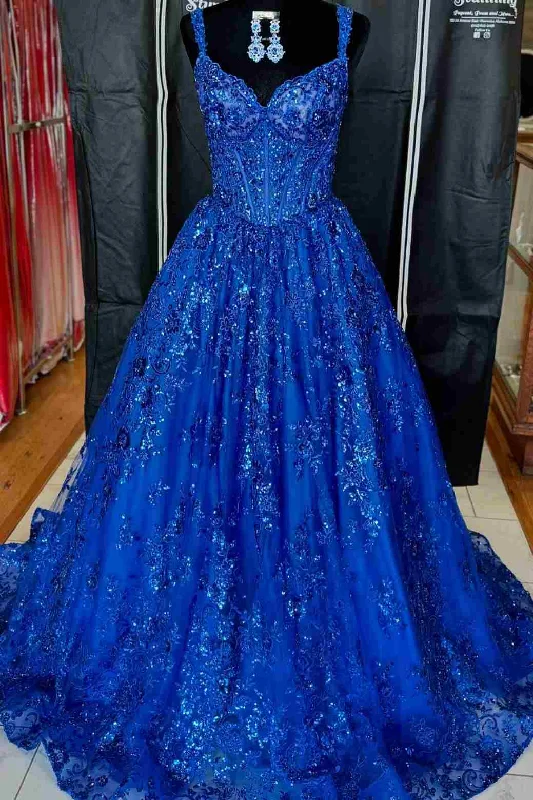 empire waist prom dressesA-Line Royal Blue V-Neck Sleeveless Appliques Long Prom Dress