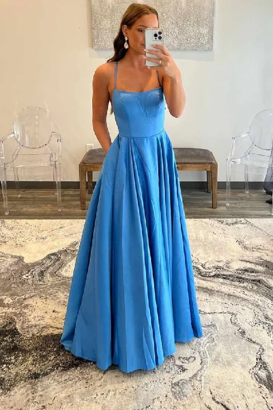 budget-friendly prom dressesSimple Blue Strapless Lace-Up A-Line Prom Dress