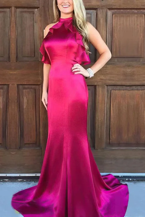 open-back prom dressesSimple High Neck Satin Ruched Mermaid Long Prom Formal Dress