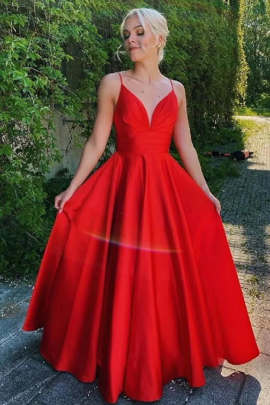 vintage prom dressesSimple Red A-line V-Neck Long Prom Dress