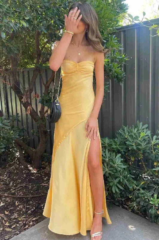 high-slit prom dressesSimple Yellow Spaghetti Straps Satin Long Prom Formal Dress with Slit