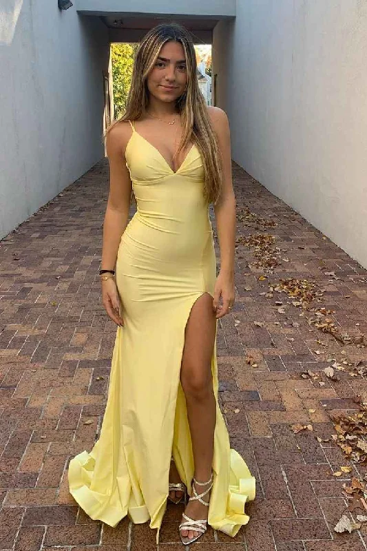 budget-friendly prom dressesSimple Yellow Spaghetti Straps V-Neck Mermaid Long Formal Prom Dress