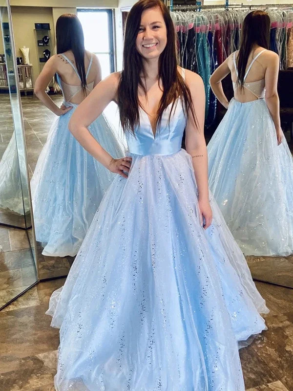 sleeveless prom dressesSky Blue Popular A-line Long Prom Dresses, Sequins Elegant 2020 Newest Prom Dresses