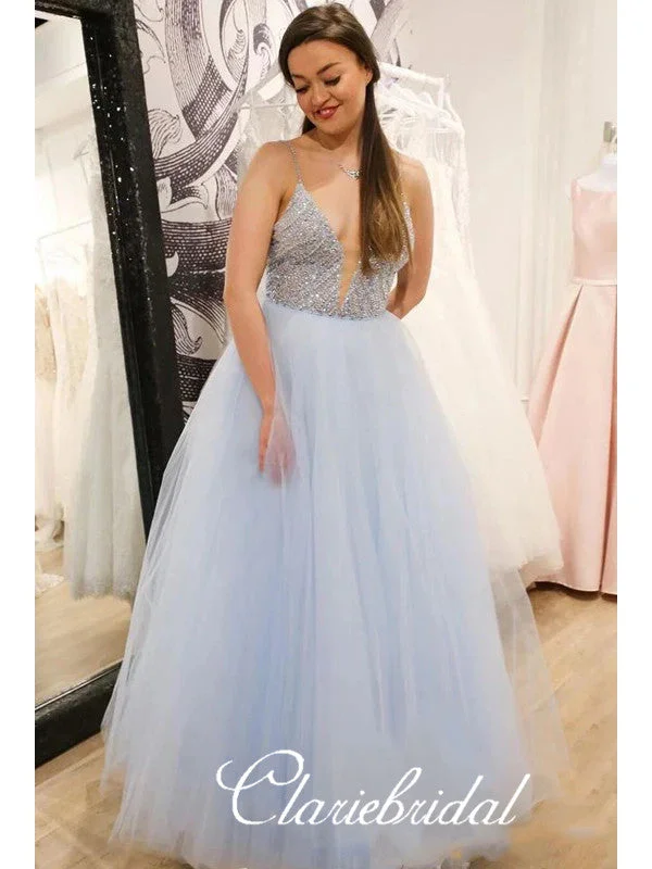 prom dresses for springSpaghetti beaded Top A-line Tulle Prom Dresses, Lovely 2020 Prom Dresses, Long Prom Dresses