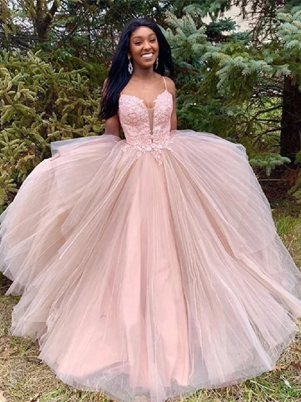 affordable prom dressesSpaghetti Long A-line Dusty Pink Lace Tulle Prom Dresses, Long Prom Dresses, 2020 Prom Dresses