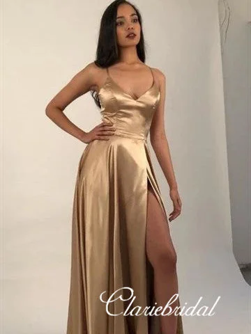 prom dress color trendsSpaghetti Long A-line Elastic Satin Prom Dresses, High Slit Prom Dresses, Long Prom Dresses