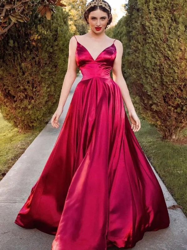 petite prom dressesSpaghetti Long A-line Elastic Satin Prom Dresses, Red Prom Dresses, Simple Prom Dresses