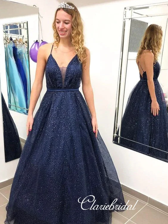 high-slit prom dressesSpaghetti Long A-line Navy Sequin Tulle Prom Dresses, Cross Back Prom Dresses, Long Prom Dresses