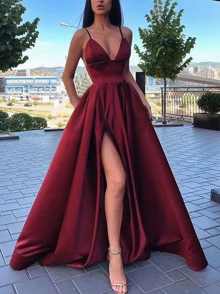 luxury prom dressesSpaghetti Long A-line Side Slit Burgundy Prom Dresses, Simple Popular Prom Dresses, 2020 Prom Dresses