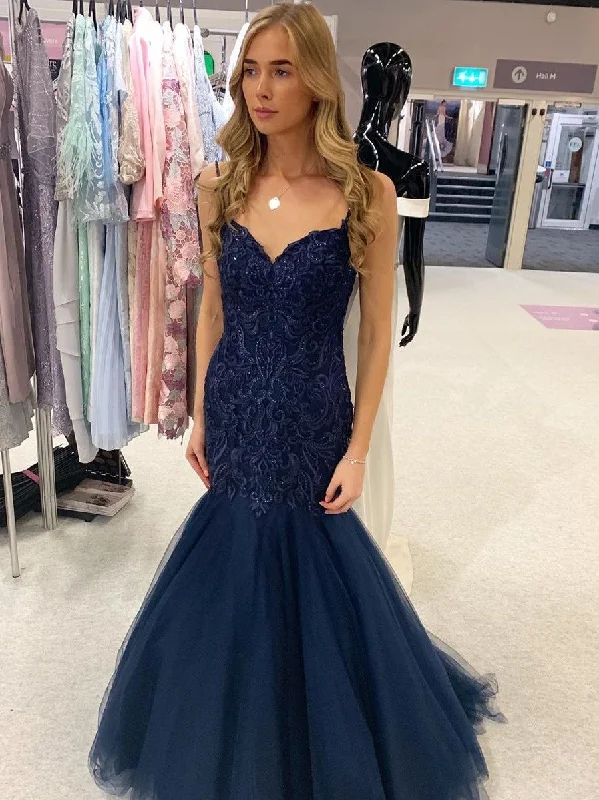 glamorous prom dressesSpaghetti Long Navy Tulle Beaded Prom Dresses, Luxury Prom Dresses, Popular Prom Dresses