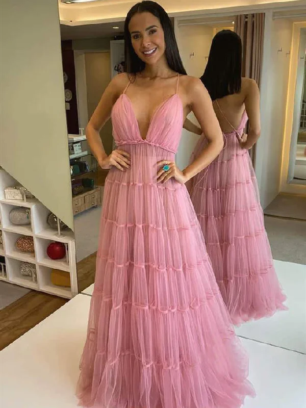 custom prom dressesSpaghetti Pinl Tulle Prom Dresses, Lovely Prom Dresses, Formal Dresses, 2020 Prom Dresses