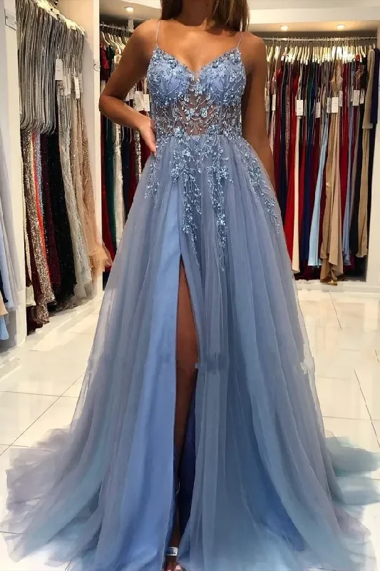 chiffon prom dressesSpaghetti Straps A-Line Appliques Empire-Waist Tulle Prom Dress with Slit