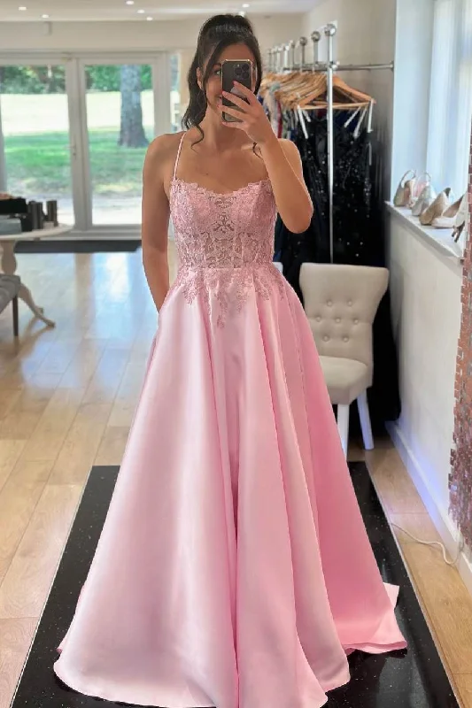 custom prom dressesSpaghetti Straps Appliques A-Line Empire-Waist Sleeveless Long Prom Formal Gown