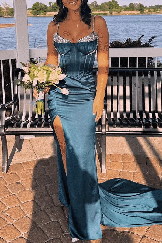 prom dresses with trainsSpaghetti Straps Beads Pleated Satin Mermaid Prom Formal Dress with Slit