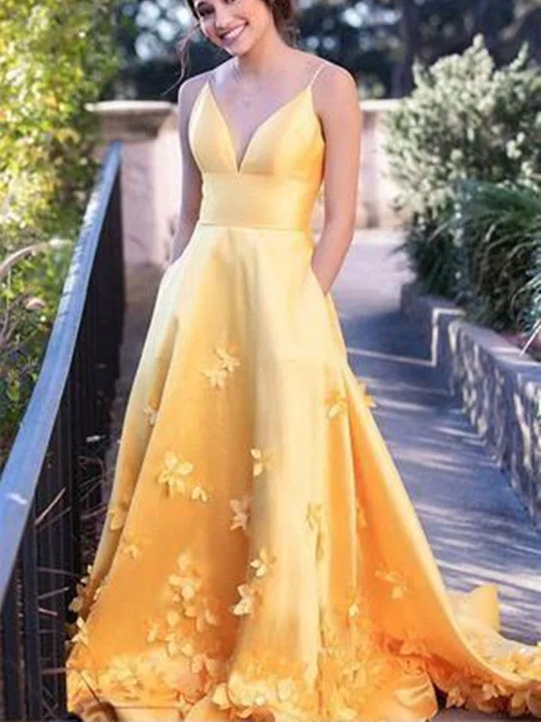 mid-length prom dressesSpaghetti Straps Satin Long Prom Dresses, A-line Appliques 2020 Long Prom Dresses