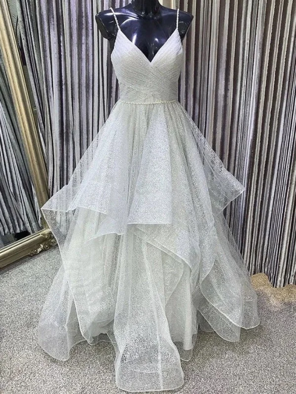 flowy prom dressesSpaghetti Straps Shiny Long Prom Dresses, Elegant A-line Prom Dresses, 2020 Prom Dresses