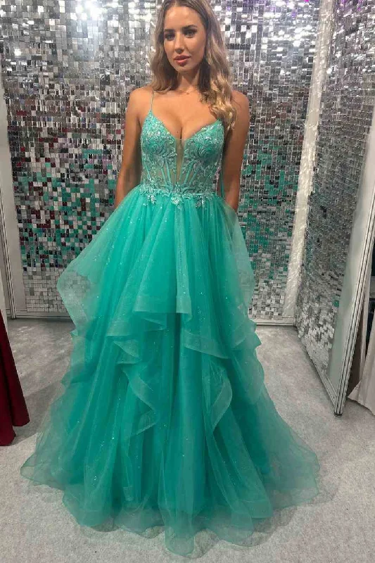 prom dress style guidesSpaghetti Straps V-Neck Empire-Waist Sleeveless Long Prom Dress