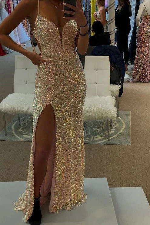 corset prom dressesSpaghetti Straps V-Neck Gold Sequined Long Prom Dress with Slit