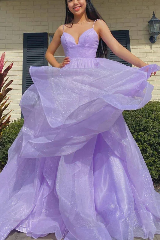 illusion neckline prom dressesSparkle Lavender Straps Multi-Tiered Long Prom Dress