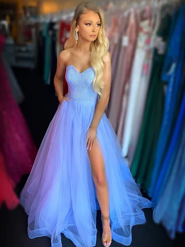 mermaid prom dressesStrapless A-line Tulle Long Prom Dresses, Sweetheart 2020 New Prom Dresses