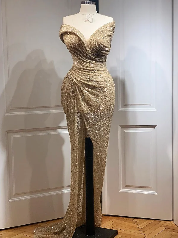 short prom dressesStrapless Champagne Gold Sequin Beaded Prom Dresses, Long Prom Dresses, Popular Prom Dresses