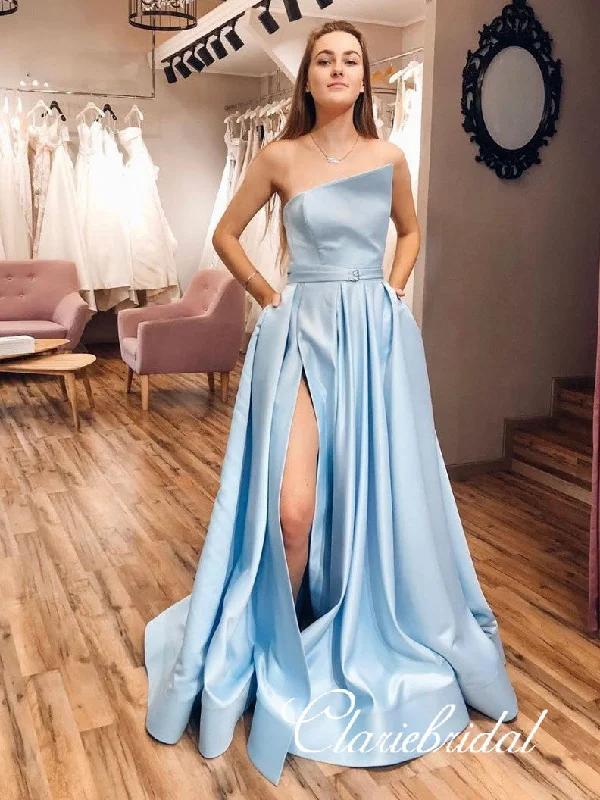 beaded prom dressesStrapless Long A-line Light Blue Satin Prom Dresses, High Slit Prom Dresses, Long Prom Dresses