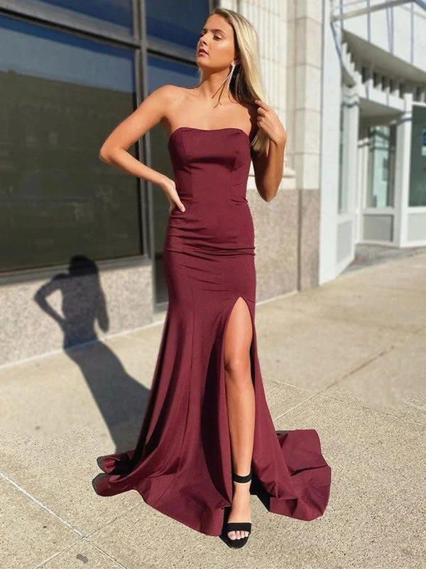 prom dresses for hourglass figuresStrapless Mermaid Long Prom Dresses, Popular 2020 Slit Newest Prom Dresses