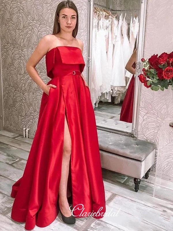 silk prom dressesStrapless Red Color Satin Long Prom Dresses, Affordable Slit 2020 Prom Dresses