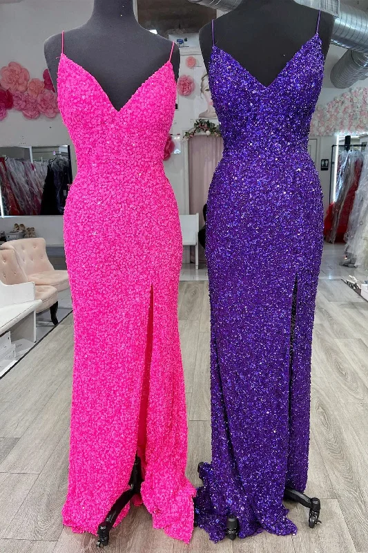 cap sleeve prom dressesStraps Hot Pink Sequins Mermaid Long Prom Dress