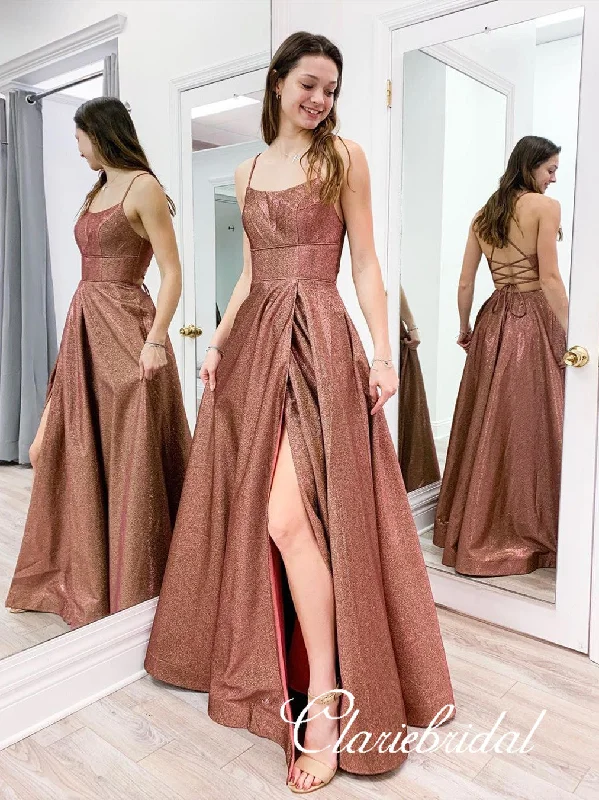 glamorous prom dressesStraps Lace Up Shemmering Fabric Long Prom Dresses, 2020 Prom Dresses, Cheap Prom Dresses, Popular Prom Dresses