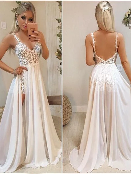 sweetheart neckline prom dressesStraps Long A-line Lace Chiffon Prom Dresses, 2 Pieces Prom Dresses, Newest Prom Dresses