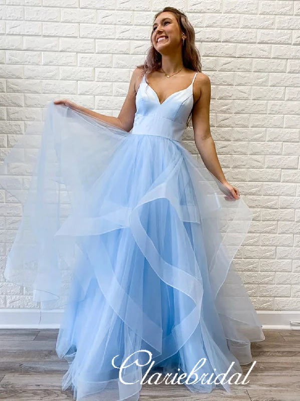 prom dresses for pear shapesStraps Long A-line Light Blue Tulle Prom Dresses, Lovely 2020 Prom Dresses, Popular Prom Dresses