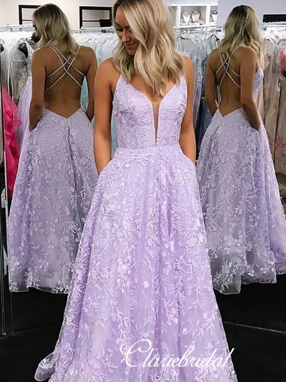 floral prom dressesStraps Long A-line Lilac Lace Prom Dresses, Lovely Prom Dresses, 2020 Prom Dresses