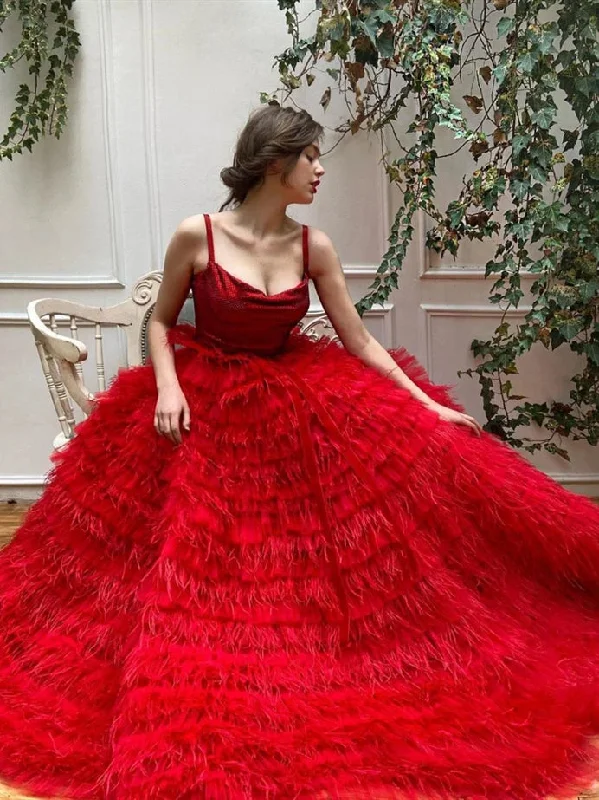 backless prom dressesStraps Long A-line Red Tulle Feathers Prom Dresses, Luxury Ball Gown, 2020 Prom Dresses