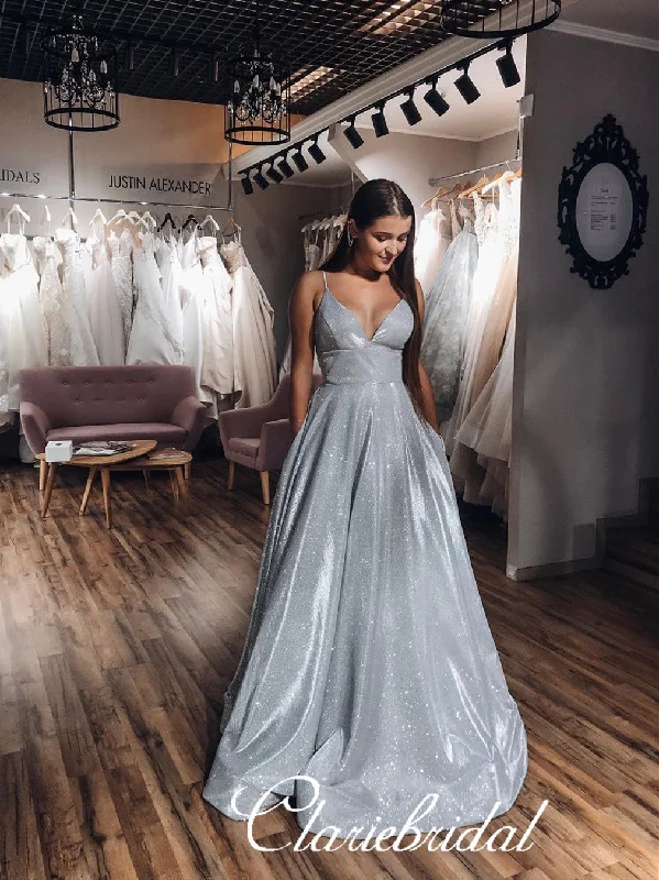 prom dresses with pocketsStraps Long A-line Silver Shemmering Prom Dresses, Lovely Prom Dresses, Long Prom Dresses