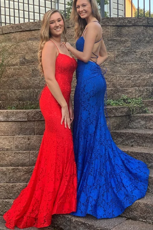 classic prom dressesStraps Mermaid Lace Long Prom Dress