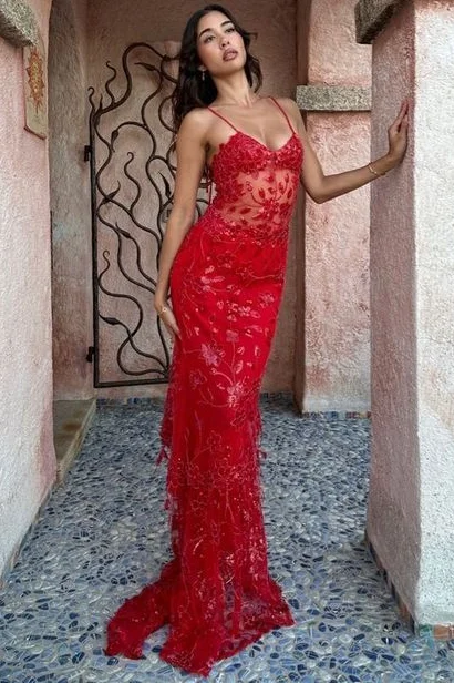 halter prom dressesStunning Spaghetti Straps Appliques Mermaid Red Long Prom Dress