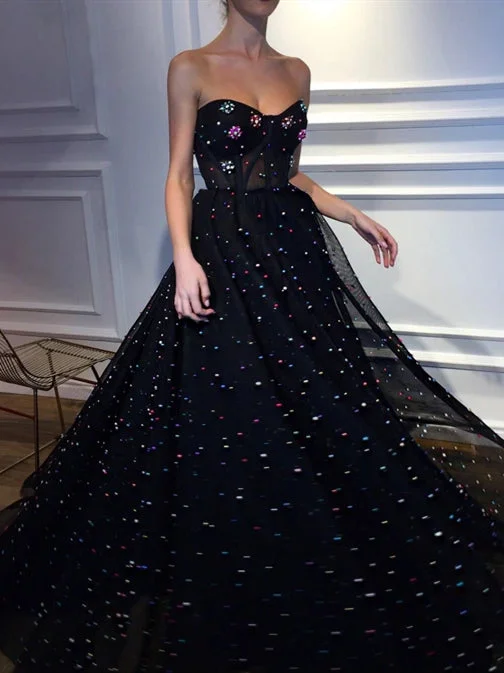 lace-up prom dressesSweetheart Long A-line Black Tulle Beaded Prom Dresses, Long Prom Dresses, 2020 Prom Dresses