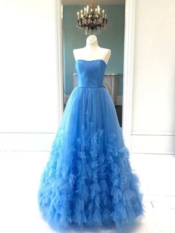 prom dresses with sheer overlaysSweetheart Long A-line Blue Tulle Ruffled Prom Dresses, Tulle Prom Dresses. Newest Prom Dresses