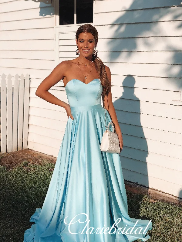 open-back prom dressesSweetheart Long A-line Satin Prom Dresses, Sky Blue Prom Dresses, Long Prom Dresses