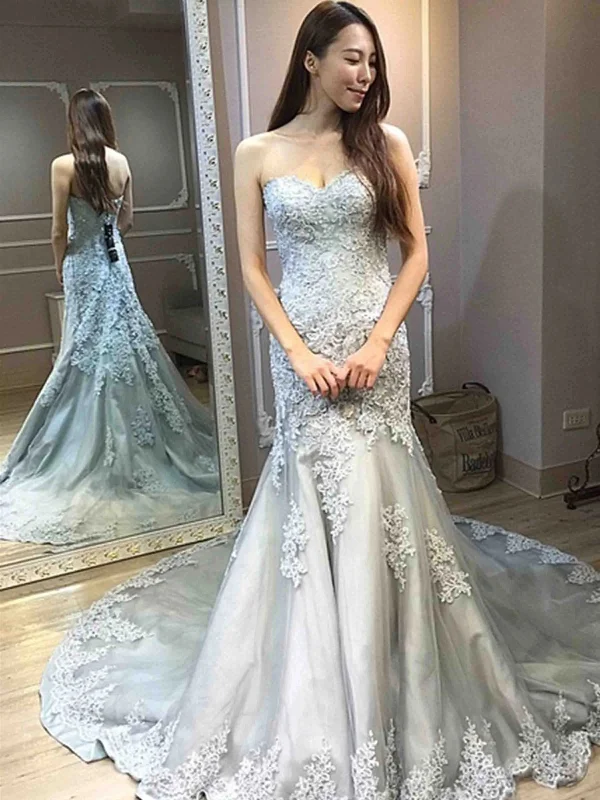 metallic prom dressesSweetheart Long Mermaid Lace Tulle Prom Dresses, Elegant Long Prom Dresses, Newest Prom Dresses