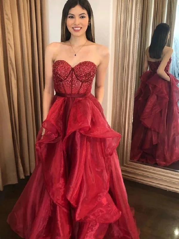 prom dresses for springSweetheart Long Red Organza Beaded Prom Dresses, Popular Prom Dresses, Long Prom Dresses