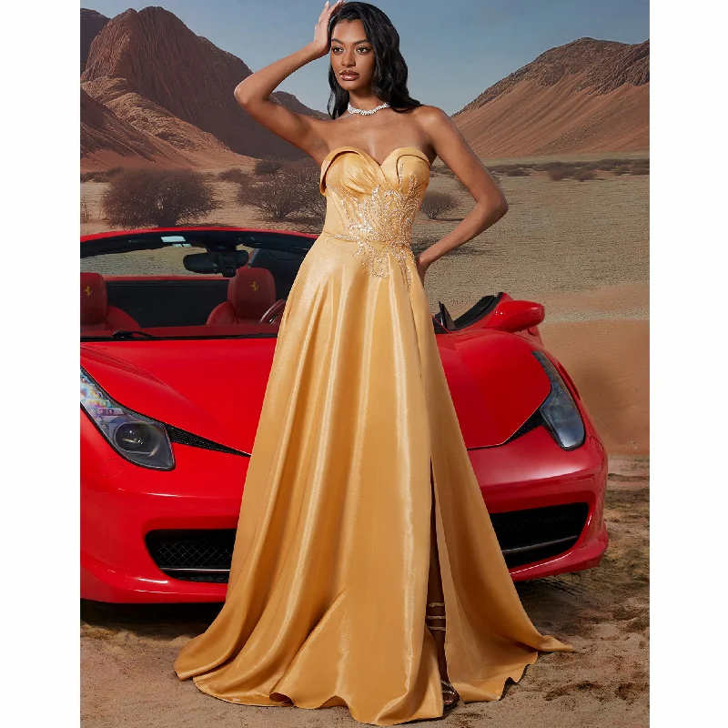 plus-size prom dressesSweetheart Neck Gold Long Formal Gown Prom Dress with Leg Slit