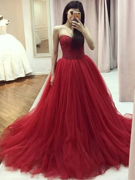 mermaid prom dressesSweetheart Red Beaded Tulle Prom Dresses, Newest Prom Dresses, Lace Up Prom Dresses