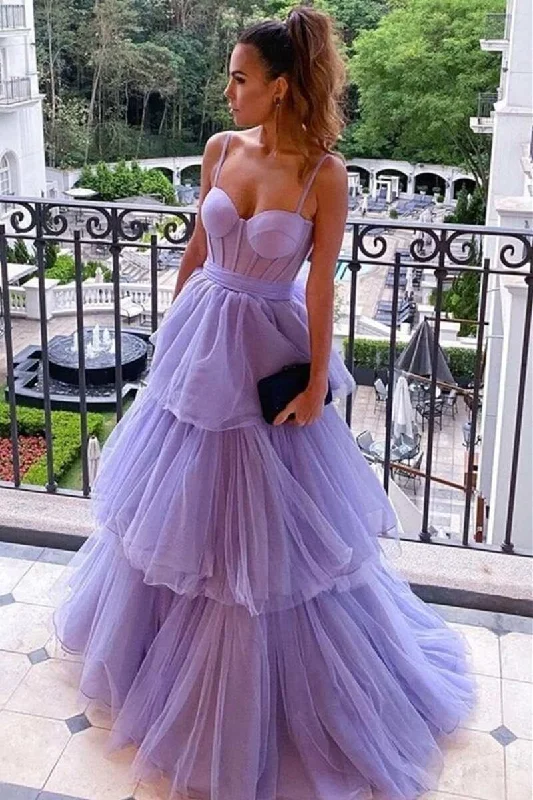 vintage prom dressesTiered Lavender Bustier Bow-Back Long Prom Dress