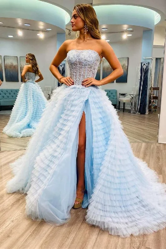 classic prom dressesTiered Light Blue Strapless A-Line Prom Dress with Slit