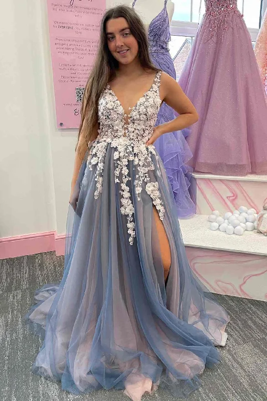 prom dresses with sequin detailingTulle V-Neck Appliques Backless A-Line Prom Gown