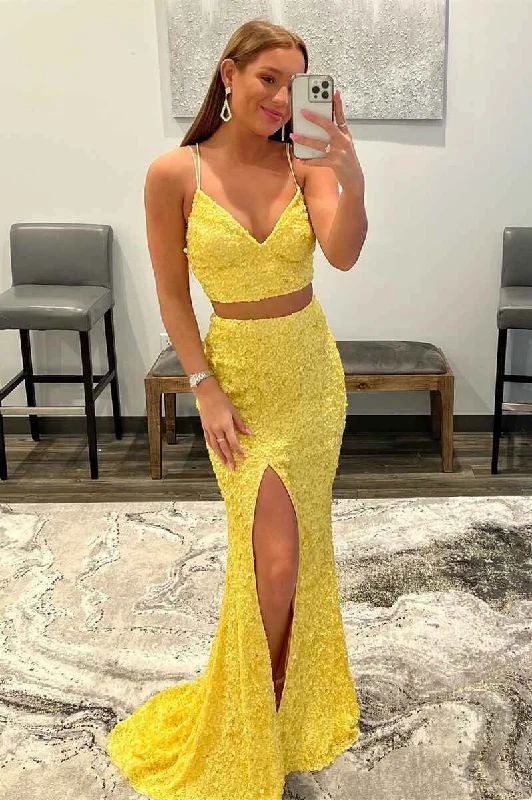 prom dresses for fallTwo Piece  Spaghetti Straps Sequins Mermaid Long Prom Dress with Slit